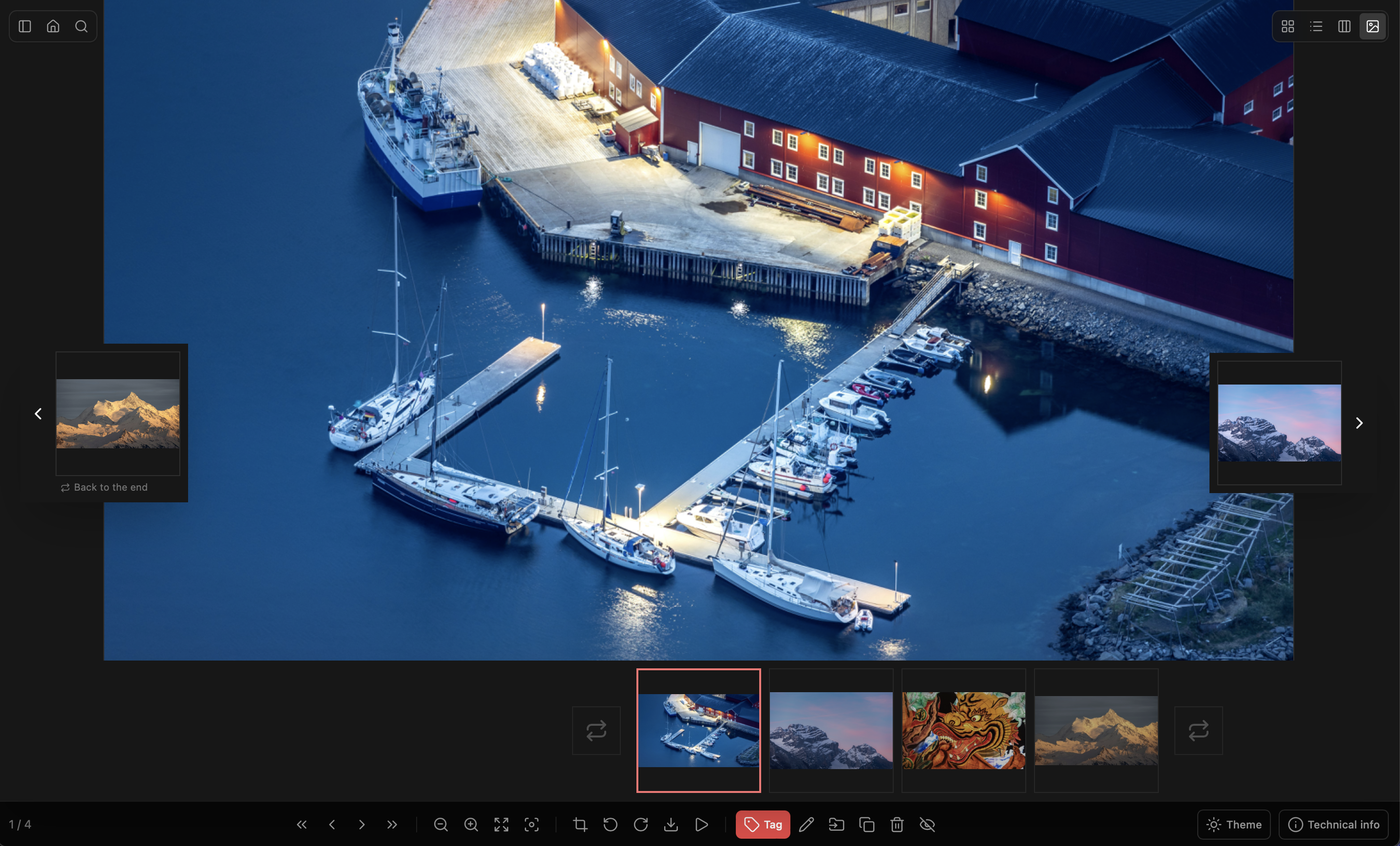 Visionneuse plein écran d'Scope avec une photo ouverte et ses outils d'édition